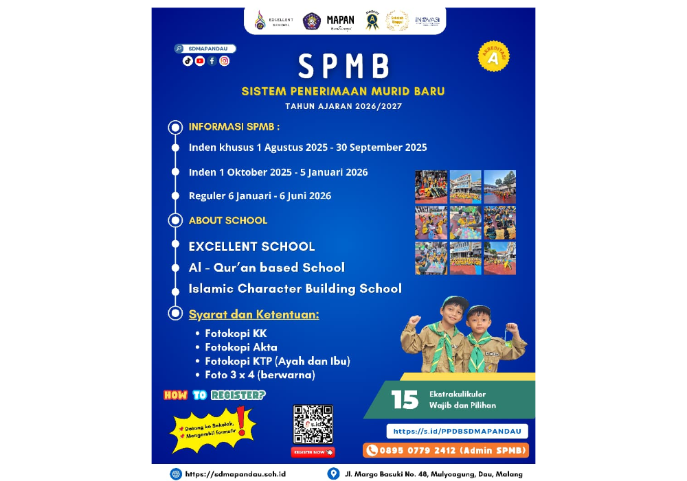 Telah Dibuka : Pendaftaran Seleksi Penerimaan Siswa Baru ( SPMB ) SD Mapan Dau Tahun Ajaran 2026/2027